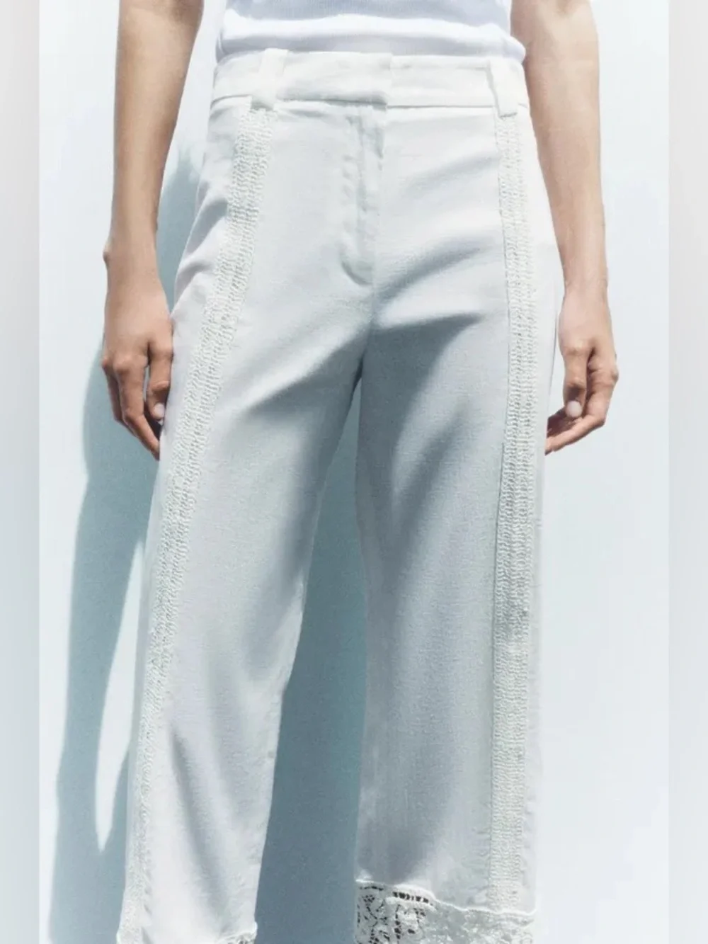 NWT Zara Linen Blend Crochet Wide Leg Cropped Pants Bloggers Fave in Ecru Sz M